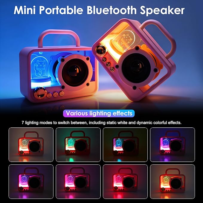 Portable Bluetooth Speaker with RGB Lights, Stereo Sound Punchy Bass, Mini Wireless Bluetooth Speaker, Cute Fashion Style for Kitchen Desk Bedroom Office Party Outdoor, Birthday Gifts