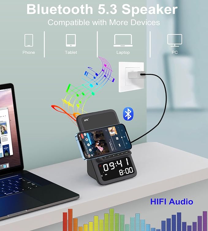 AFK Wireless Charging Station with Bluetooth Speaker and Alarm Clock,Wireless Charger Compatible with iPhone,Android Phones(Black)
