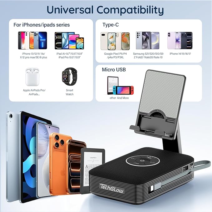 TechGlow Foldable Cellphone Stand with Bluetooth Speaker and Charging Function Built-in Cables Birthday Gifts for Men Women Mother Father Boy Girl Teens Stocking Stuffers for Adults
