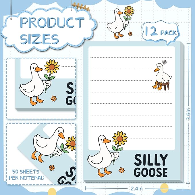 Goose Sticky Notes Gifts – 12 Pads Silly Office Gifts for Coworkers, Funny Post It Notes, 600 Sheets 3.6 x 2.4 Inch Novelty Silly Notepads, Goose Self-Stick Memo Pads for Office, School, Desktop