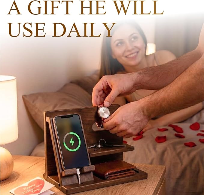 TESLYAR Wood Phone Docking Station for Men - Desktop or Nightstand Organizer - Birthday Gifts for Men, Dad - Anniversary Idea from Wife - Key Holder, Stand Wallet, Watch & Essentials (Bourbon Brown)