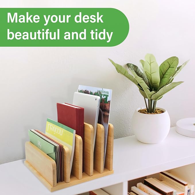 Desk File Mail Organizer Countertop, 5 Slots Bamboo Folder Sorter Holder for Letter, Envelope, Paper, Bill Filing, Desktop Tray Organizer for Office & Home