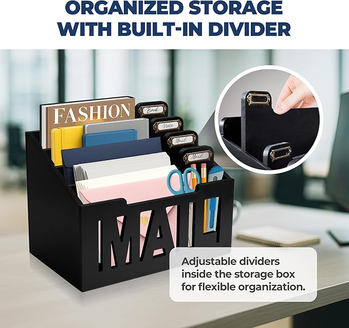 Mail Organizer Countertop – Black Holder for Desk with 4 Slots & Label Tags, Decorative Desktop Sorter, Bill Storage and Envelope Tray for Organized Home Office Accessories (11x7x8 in)
