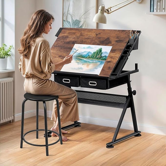 Drafting Table Drawing Desk w/Power Outlet, Art&Craft Work Station Height Adjustable Tilting Tabletop Craft Table Desk w/Stool and 2 Storage Drawers for Home Office, Rustic Brown