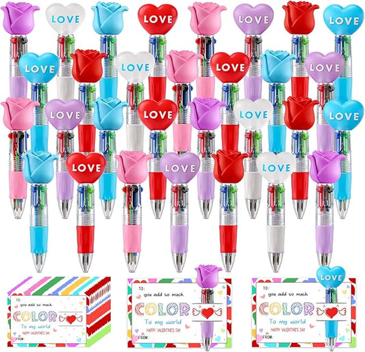 CZWZ 30Pcs Mini Multicolor Pen in One 4-in-1 Cute Pens Bulk for Kids, Ballpoint Pens for Birthdays and Children's Parties, Fun Pens Gifts Assorted Ink Kawaii Pen(Heart and Flower)