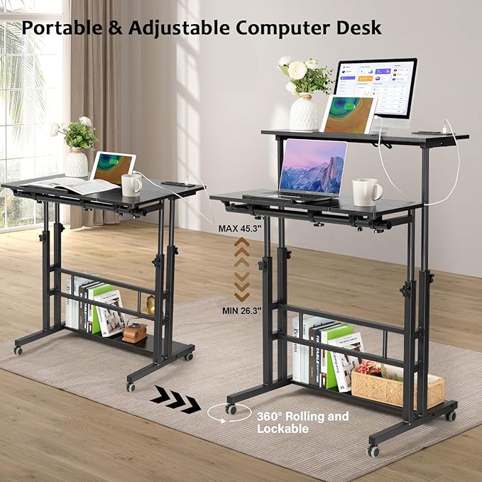 Hadulcet Stand Up Desk, Rolling Desk Adjustable Height, Mobile Standing Desk with Wheels & Charging Station, Portable Stand for Laptop, Rolling Computer Cart TV Tray, Small Standing Desk Drawing Table