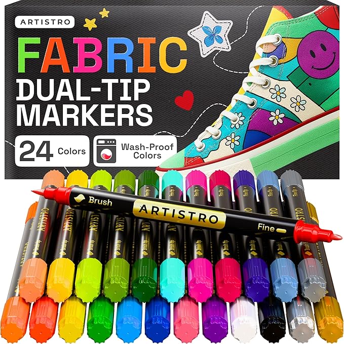 ARTISTRO 24 Dual-Tip Fabric Markers - Fabric Decorating Kit - Permanent for Clothes - Acrylic Paint Pens for Sneakers, Bags, Shoes, Textile, Canvas, Sewing, Craft, DIY - Brush and Fine Tip