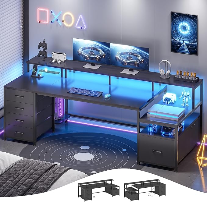 SEDETA 75'' Computer Desk with 5 Drawer, Power Outlet & Led Lights, Home Office Desk with File Drawer, Storage Shelves, Printer Cabinet and Monitor Shelf, 23.6" W Large Desktop Gaming Desk, Black