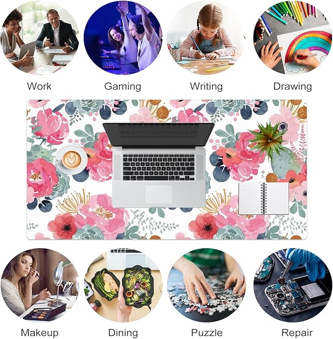 QIYI Large Mouse Pad, Pink Floral Desk Mat for Desktop, Women Girls PU Leather Waterproof Gaming Mousepad, Computer Laptop Desk Accessories Protector Writing Pads for School Office Home 31.5" x 15.7"