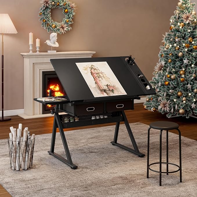 Drafting Table, Height Adjustable Drawing Table Art Table with Stool, 0-75° Tilted Tabletop Artist Desk Painting Table with Storage for Home Office School, Type 4-Black