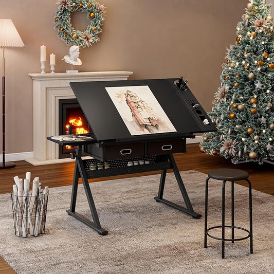 Drafting Table, Height Adjustable Drawing Table Art Table with Stool, 0-75° Tilted Tabletop Artist Desk Painting Table with Storage for Home Office School, Type 4-Black