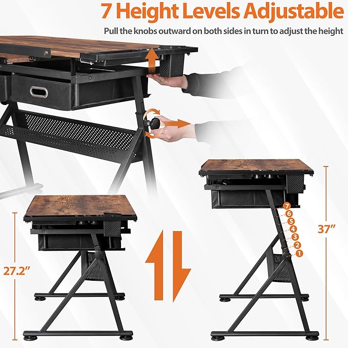 Drafting Table Drawing Desk w/Power Outlet, Art&Craft Work Station Height Adjustable Tilting Tabletop Craft Table Desk w/Stool and 2 Storage Drawers for Home Office, Rustic Brown