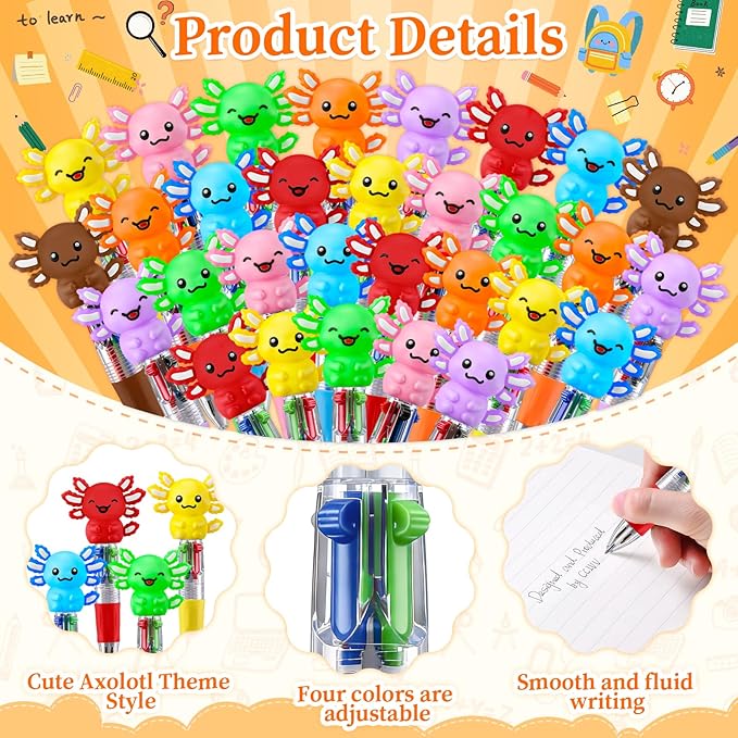 CZWZ 30Pcs Mini Multicolor Pens in One 4-in-1 Cute Pens Bulk for Kids, Ballpoint Pen for Birthdays and Children's Parties, Fun Gifts Assorted Ink Kawaii Pen(Axolotl)