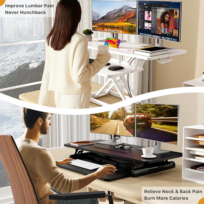 JOY worker Standing Desk Converter, 35" Wide Height Adjustable Sit Stand Up Desk Riser with Keyboard Tray, Desktop Workstation Riser for Home Office Computer Laptop, Particle Board, White