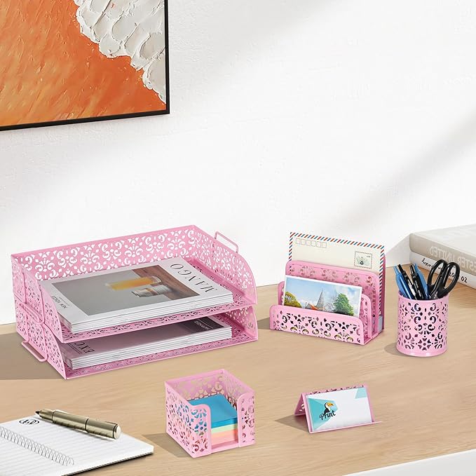 EasyPAG Desk Organizers and Accessories 5 Pieces Office Supplies Set - 2 Tier Paper Tray, Pencil Organizer for Desk, Mail Sorter Countertop, Business Card Holder and Sticky Note Holder, Pink
