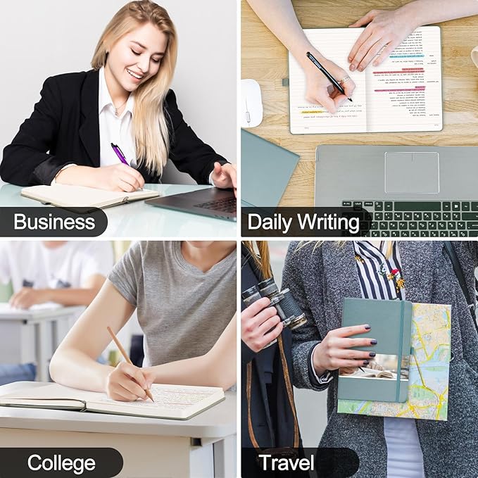 EMSHOI Lined Journaling Notebook - 120gsm Leather Journal with Sticky Notes & 256 Numbered Pages, A5 Hardcover College Ruled Notebook for Work, School, Writing, 5.75”x8.38” - Khaki