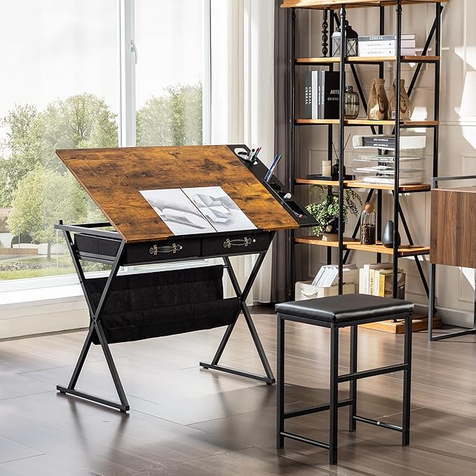 VECELO Drafting Table Art Desk Art Table Adjustable Drawing Table Tilted Tabletop with 2 Storage Drawers and Stool, Drawing Desk for Artist Painters Drawing, Crafting, Reading, Writing, Rustic Brown