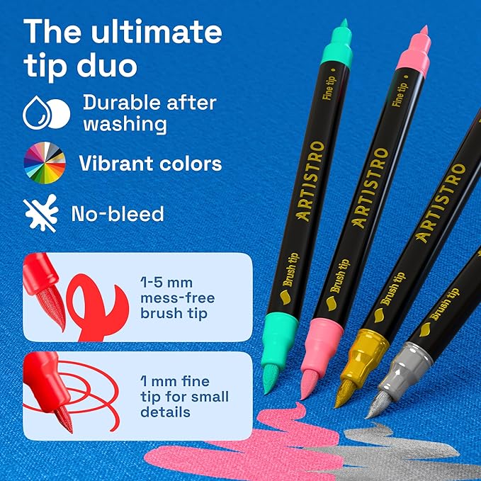 ARTISTRO 24 Dual-Tip Fabric Markers - Fabric Decorating Kit - Permanent for Clothes - Acrylic Paint Pens for Sneakers, Bags, Shoes, Textile, Canvas, Sewing, Craft, DIY - Brush and Fine Tip