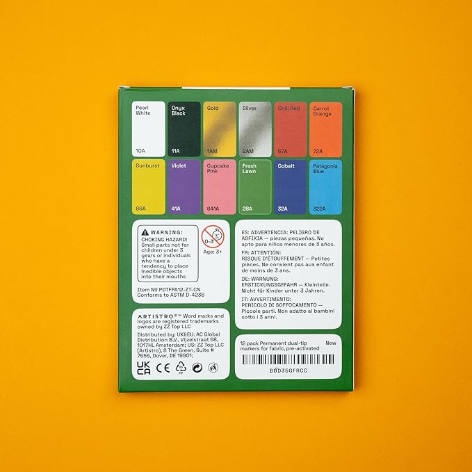 ARTISTRO 12 Dual-Tip Fabric Markers - Fabric Decorating Kit - Permanent for Clothes - Acrylic Paint Pens for Sneakers, Bags, Shoes, Textile, Canvas, Sewing, Craft, DIY - Brush and Fine Tip