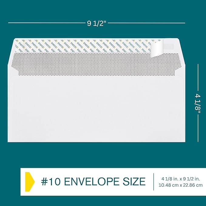 #10 Envelopes Self Seal - 50/pack - 4 1/8 x 9 1/2 inch Letter Size - Business Envelopes #10 Peel & Seal Closure, Security Tinted for Invoices, Statements - Blank White 24LB Paper