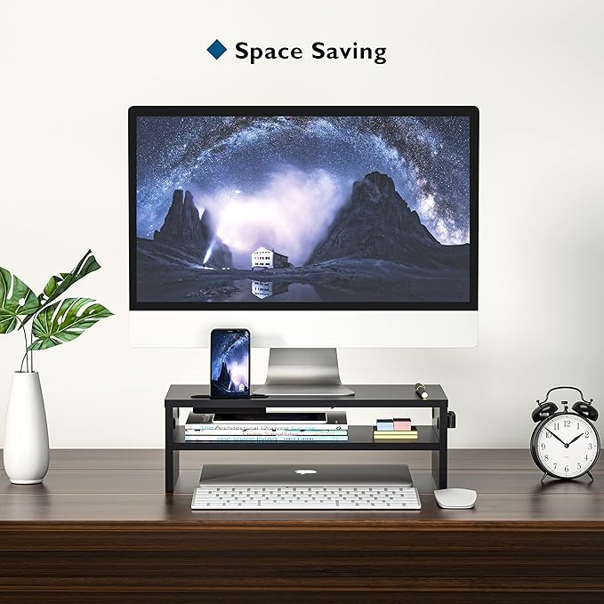 BONTEC Wooden Monitor Stand Riser, 2-Tier Desk Shelf with Storage Organizer, Ergonomic Computer Stand with Cable Management, Cellphone Holder, Black, 16.5 Inch