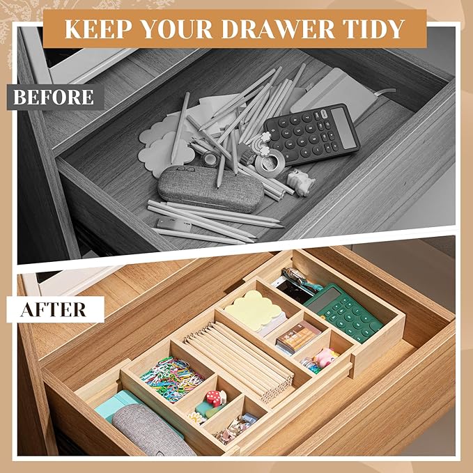 Weysat Sliding Expandable Bamboo Wood Desk Drawer Organizer with 9 Compartments 12"x9" Expandable to 20"x9" Office Desk Organizer Tray Divider Drawer for Office Supplies Makeup Jewelry Vanity