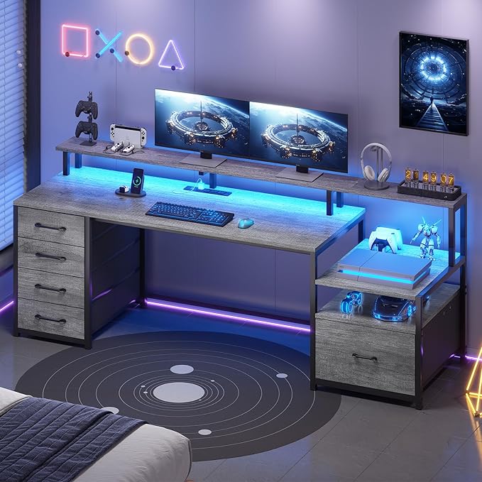 SEDETA Home Office Desk with File Drawer & Power Outlet, 66'' Computer Desk with 5 Drawer, Storage Shelves, Printer Cabinet and Monitor Shelf, Gaming Desk with Led Lights, Grey