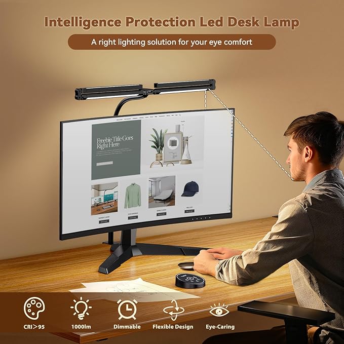 Led Desk Lamps for Home Office - Eye Caring Architect Lamp with Clamp, Double Head Computer Monitor Work Desk Light with Remote Control: 24W Flexible Dimmable Desktop Table Lamp