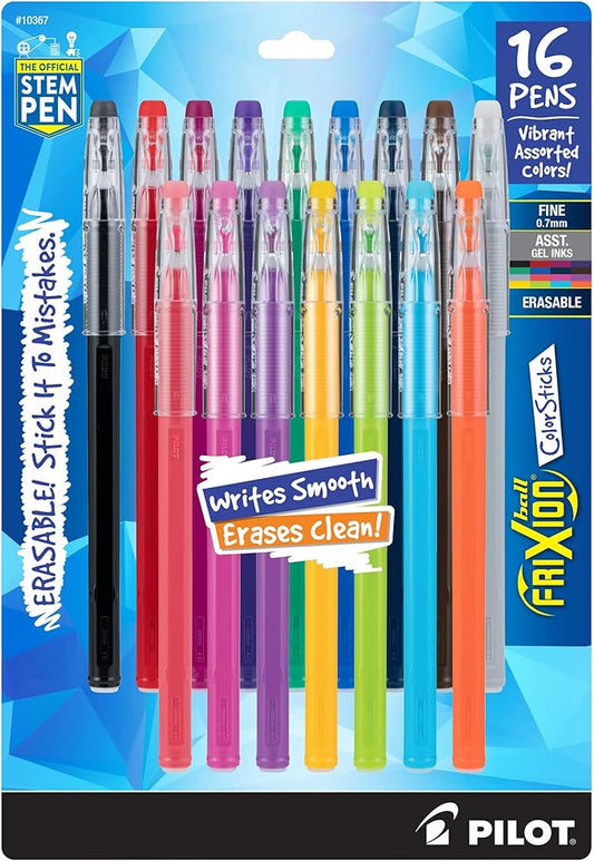 Pilot FriXion ColorSticks Erasable Gel Ink Pens, Fine Point 0.7 mm, Assorted Colors, Pack of 16, Erasable Pens - Ideal for School, Journaling, & Office Writing