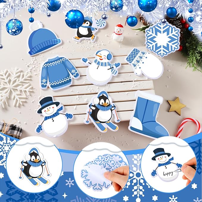 Zhanmai 1200 Pcs Winter Sticky Notes Bulks Winter Notepads Gifts Blue Penguin Snowflake Sweater Self-Adhesive Writing Memo Pad Office Home Daily Reminders Supplies