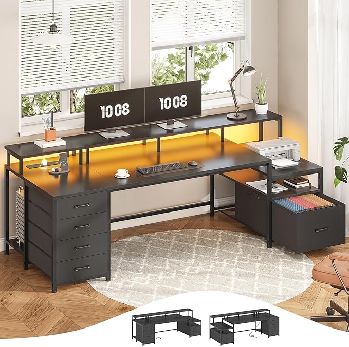 SEDETA 75'' Computer Desk with 5 Drawer, Power Outlet & Led Lights, Home Office Desk with File Drawer, Storage Shelves, Printer Cabinet and Monitor Shelf, 23.6" W Large Desktop Gaming Desk, Black