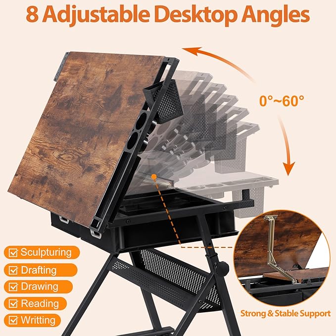 Drafting Table Drawing Desk w/Power Outlet, Art&Craft Work Station Height Adjustable Tilting Tabletop Craft Table Desk w/Stool and 2 Storage Drawers for Home Office, Rustic Brown