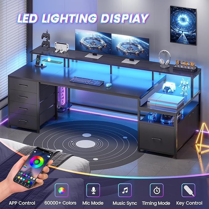 SEDETA 75'' Computer Desk with 5 Drawer, Power Outlet & Led Lights, Home Office Desk with File Drawer, Storage Shelves, Printer Cabinet and Monitor Shelf, 23.6" W Large Desktop Gaming Desk, Black