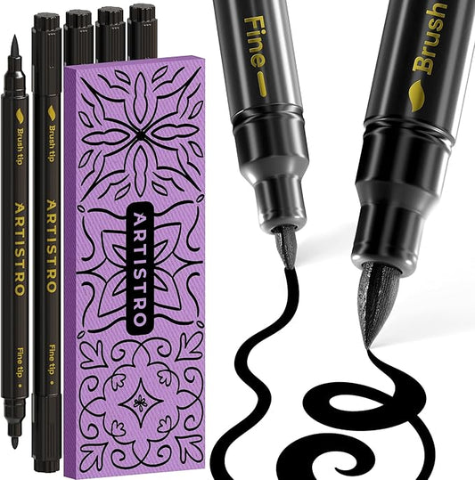 ARTISTRO 5 Black Dual-Tip Fabric Markers - Fabric Decorating Kit - Permanent for Clothes - Acrylic Paint Pens for Sneakers, Bags, Shoes, Textile, Canvas, Sewing, Craft, DIY - Brush and Fine Tip