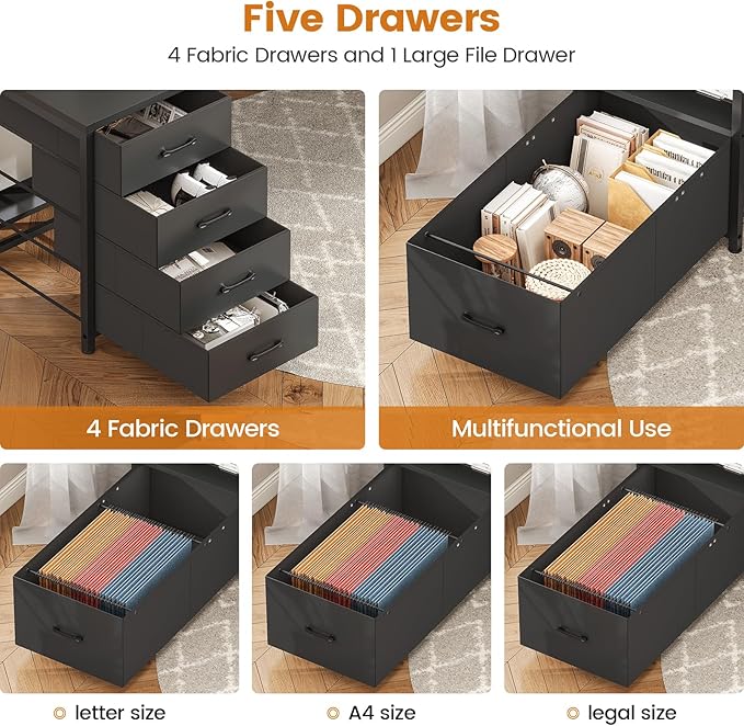 SEDETA 75'' Computer Desk with 5 Drawer, Power Outlet & Led Lights, Home Office Desk with File Drawer, Storage Shelves, Printer Cabinet and Monitor Shelf, 23.6" W Large Desktop Gaming Desk, Black