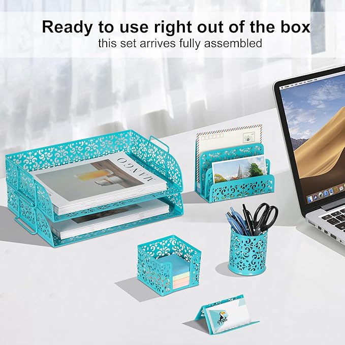 EasyPAG Desk Organizers and Accessories 5 Pieces Office Supplies Set - 2 Tier Paper Tray, Pencil Organizer for Desk, Mail Sorter Countertop, Business Card Holder and Sticky Note Holder, Dark Teal