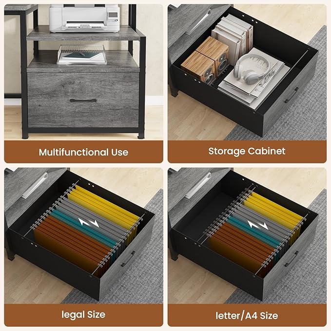 SEDETA Home Office Desk with File Drawer & Power Outlet, 66'' Computer Desk with 5 Drawer, Storage Shelves, Printer Cabinet and Monitor Shelf, Gaming Desk with Led Lights, Grey