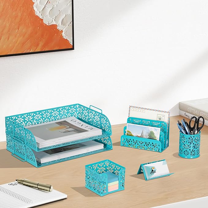 EasyPAG Desk Organizers and Accessories 5 Pieces Office Supplies Set - 2 Tier Paper Tray, Pencil Organizer for Desk, Mail Sorter Countertop, Business Card Holder and Sticky Note Holder, Dark Teal