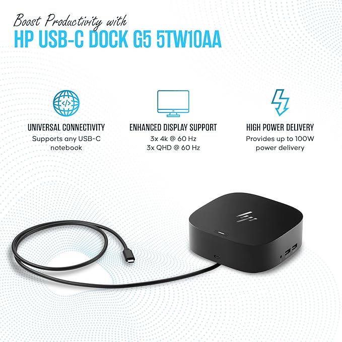 HP Docking Station for Laptop Dual Monitor and Charging - 5TW10AA / 5TW10UT / 5TW10AA#ABB USB-C G5 Dock with 120W AC Adap TER + HDMI Cable + DisplayPort Cable + Cleaning Cloth (Renewed)