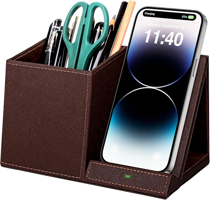 Pen Holder with Wireless Charger, Compatible with iPhone 17/16/15/14/13/12/11/8 Series, Pencil Holder Phone Stand for Desk Home Office, Men Gift Husband Wife Anniversary Dad Birthday Idea Gadget