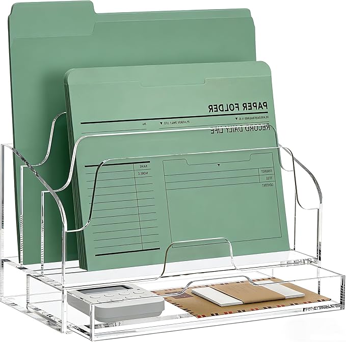 YUXUN Acrylic Mail Organizer for Desk - Transparent 3-Compartment Letter Sorter with Drawer, Clear Desktop File Holder for Office, Home, Classroom