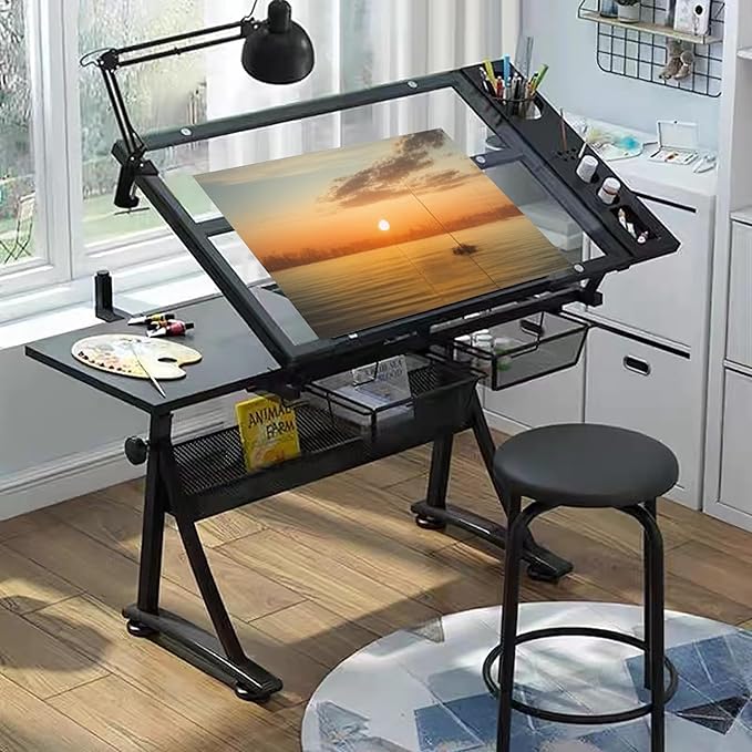 Donfafecuer Adjustable Drafting Table for Adults Professional Art Table 2 Storage Drawers Height Adjustable Home Office Reading Painting Tempered Glass Top Modern Black Design