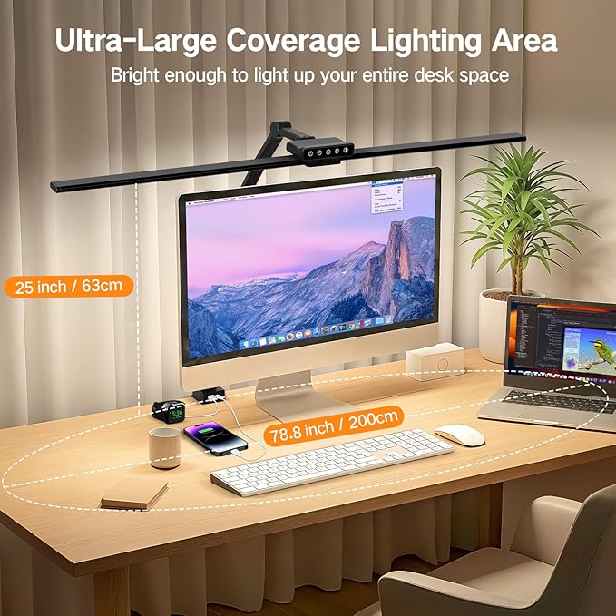 OUTON 29.5" LED Desk Lamp with Clamp, USB-A & USB-C Ports, Touch & Remote Control, 5 Color Temperatures, Stepless Dimming, Timer & Memory Function, 24W Eye-Care Monitor Light for Home Office & Study