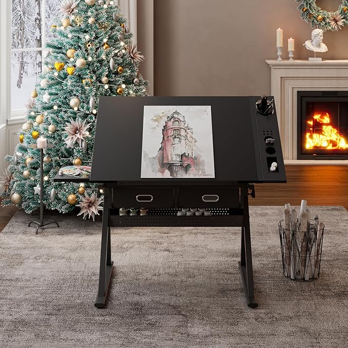 Drafting Table, Height Adjustable Drawing Table Art Table with Stool, 0-75° Tilted Tabletop Artist Desk Painting Table with Storage for Home Office School, Type 4-Black