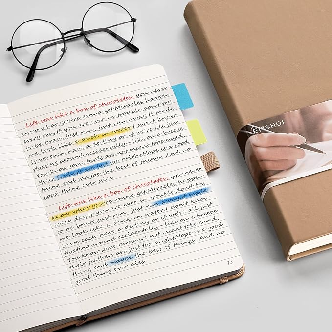 EMSHOI Lined Journaling Notebook - 120gsm Leather Journal with Sticky Notes & 256 Numbered Pages, A5 Hardcover College Ruled Notebook for Work, School, Writing, 5.75”x8.38” - Khaki