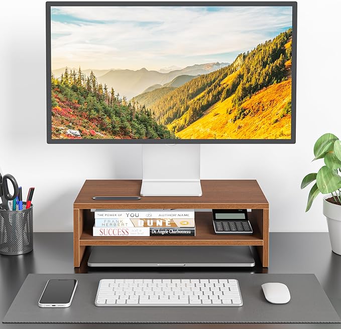 BONTEC Wooden Monitor Stand Riser, 2-Tier Desk Shelf with Storage Organizer, Ergonomic Computer Stand with Cable Management, Cellphone Holder, Walnut, 16.5 Inch