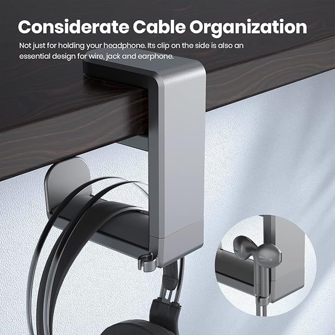 Rotating Headphone Stand - EURPMASK PC Gaming Headset Stand, Adjustable Clamp-on Headphones Holder, Earphone Hanger Hook Under Desk with 360 Degree Swivel&Cable Clip Organizer - Space Grey