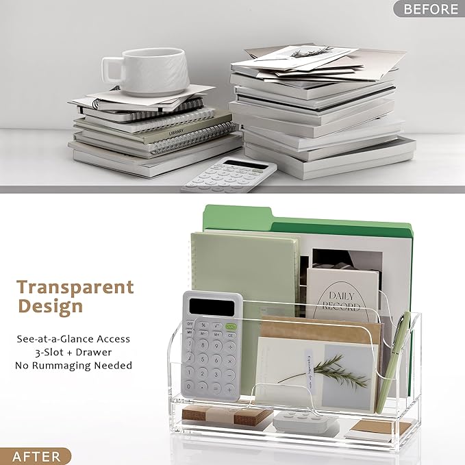 YUXUN Acrylic Mail Organizer for Desk - Transparent 3-Compartment Letter Sorter with Drawer, Clear Desktop File Holder for Office, Home, Classroom