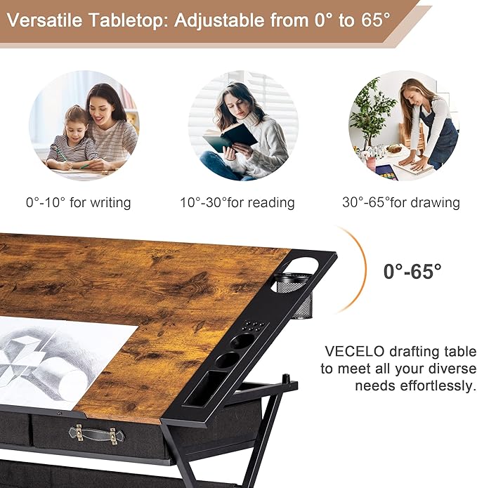 VECELO Drafting Table Art Desk Art Table Adjustable Drawing Table Tilted Tabletop with 2 Storage Drawers and Stool, Drawing Desk for Artist Painters Drawing, Crafting, Reading, Writing, Rustic Brown