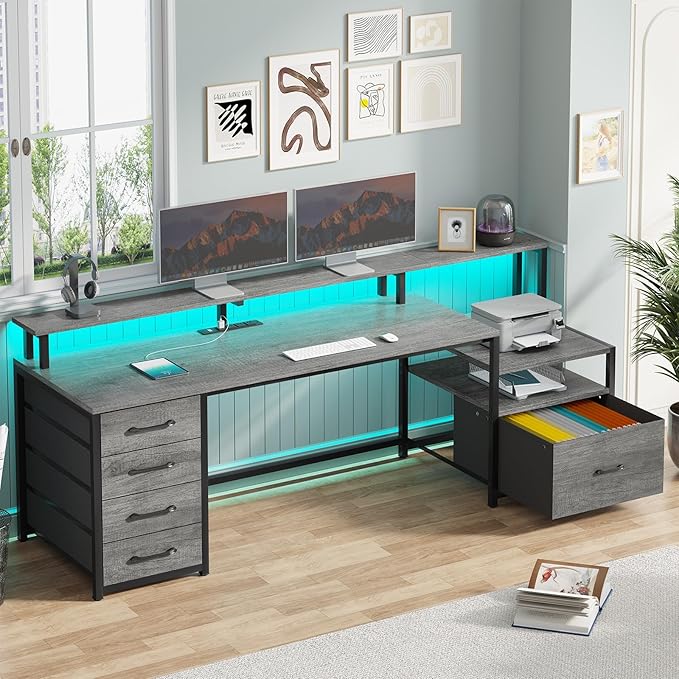 SEDETA Home Office Desk with File Drawer & Power Outlet, 66'' Computer Desk with 5 Drawer, Storage Shelves, Printer Cabinet and Monitor Shelf, Gaming Desk with Led Lights, Grey